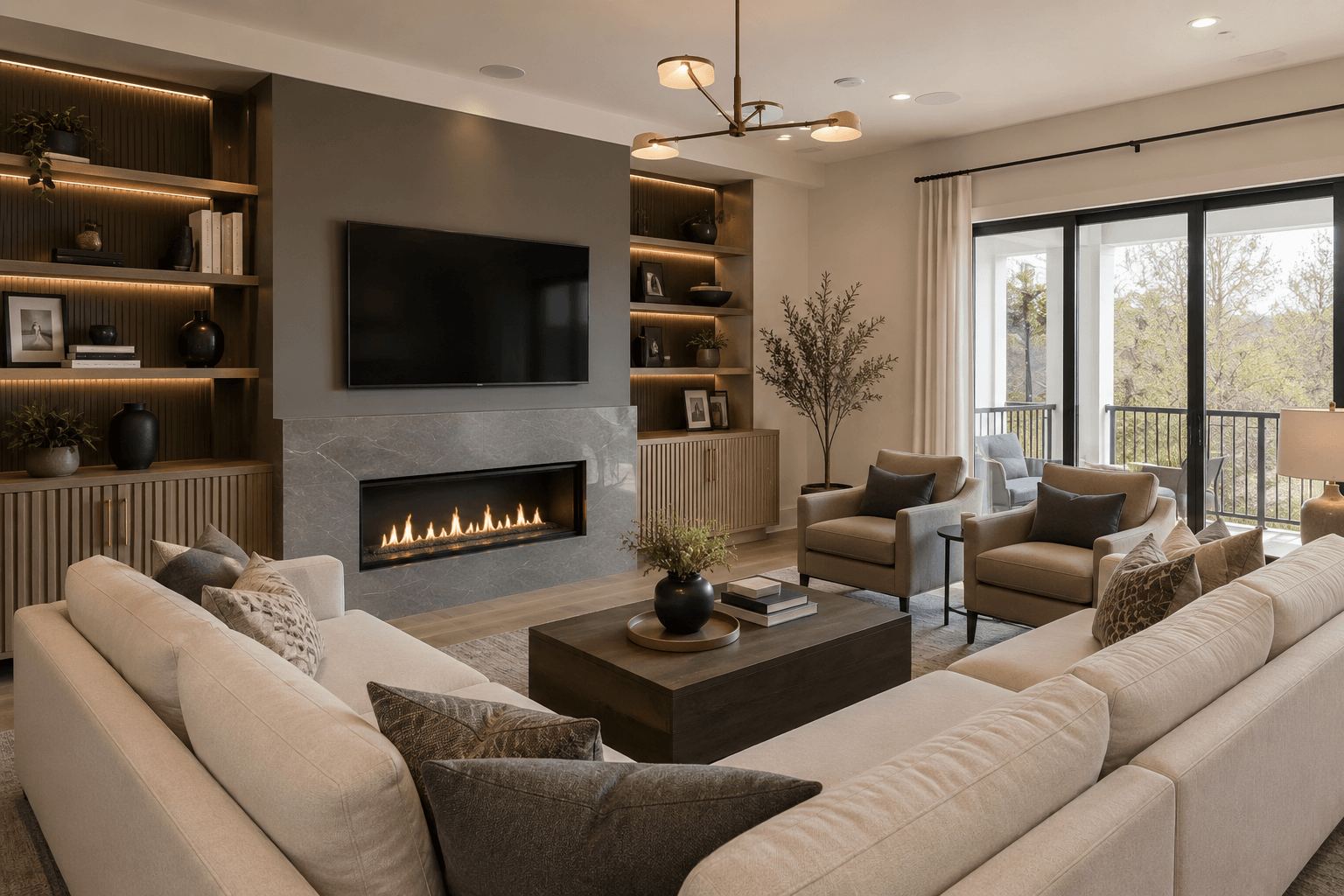 Refined kitchen with warm cabinetry, island, and coordinated lighting
